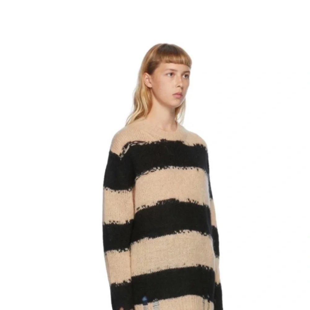ACNE STUDIO Striped Distressed Crewneck beige black Sweater large